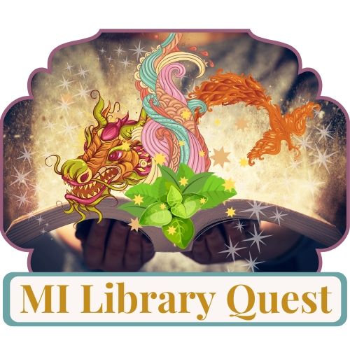 MI Library Quest logo with dragon and phoenix coming out of a book